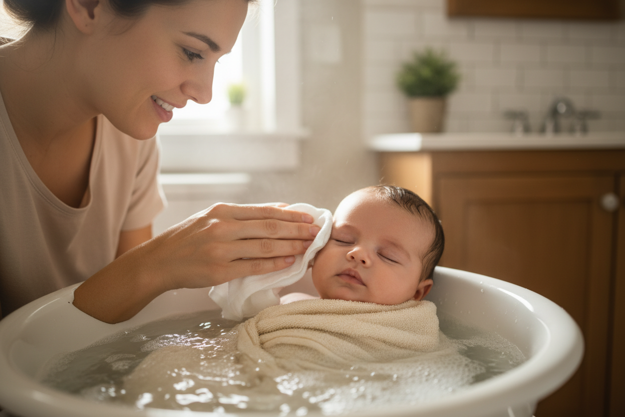 mother washing her baby face